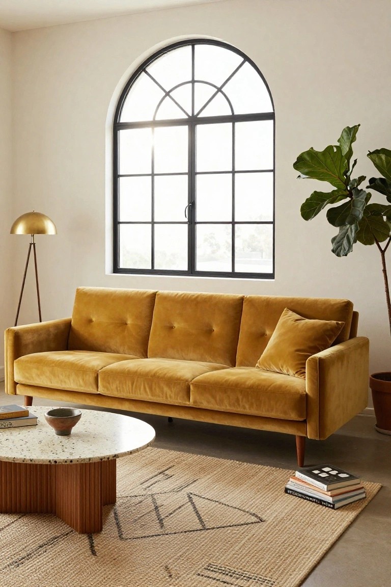 A mustard yellow velvet three-seater sofa sits in a bright white living room with a large arched black-framed window, gold tripod floor lamp, fiddle leaf fig plant in a pot, round white terrazzo-topped wood coffee table, woven beige rug, and stacked books on the floor.