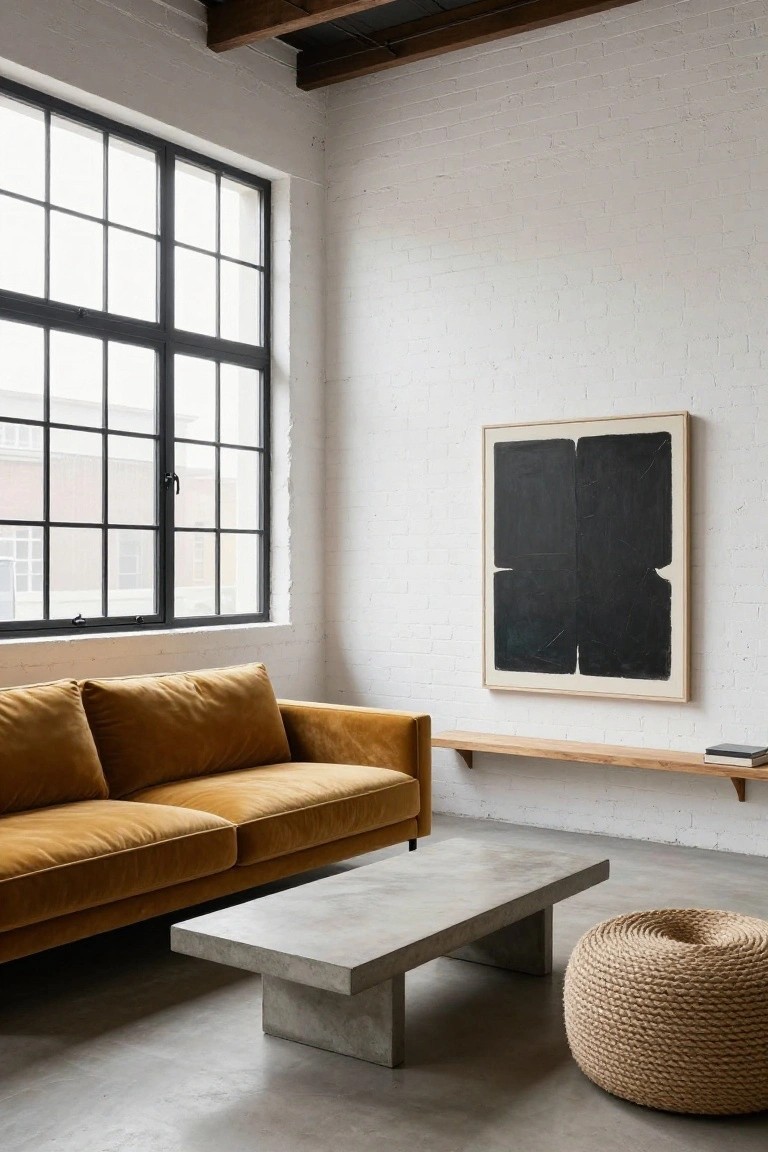 Mustard yellow velvet L-shaped sofa in a white brick interior with black metal-framed windows, abstract black artwork on wall, wooden shelf, concrete coffee table, and beige rope pouf on polished floor.