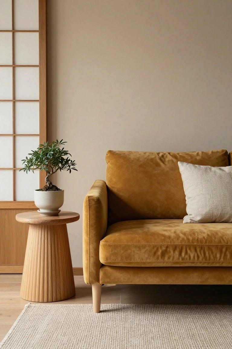 Mustard yellow velvet corner sofa next to a fluted wooden pedestal stool with a bonsai tree in a white pot, beside a shoji screen in a beige-walled room on a light textured rug.