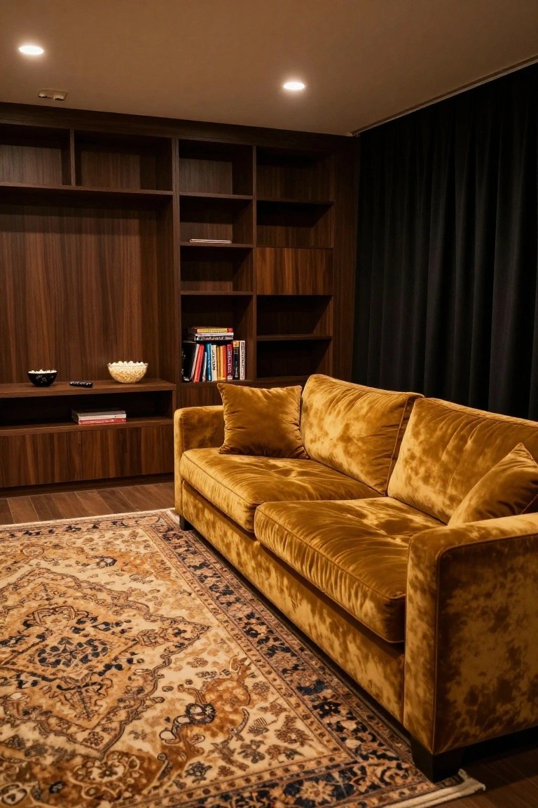 A mustard yellow velvet sofa on a beige and brown patterned rug in a room featuring dark wood built-in cabinetry with shelves, books, popcorn bowls, a remote control, and black curtains.