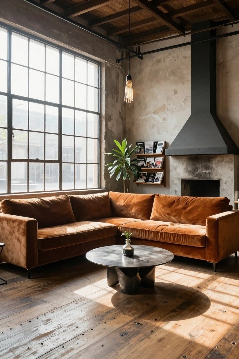 Industrial loft living room with L-shaped burnt orange velvet sofa, black metal coffee table, potted plants, bookshelves next to brick fireplace, large metal-framed windows, and worn wooden floors.