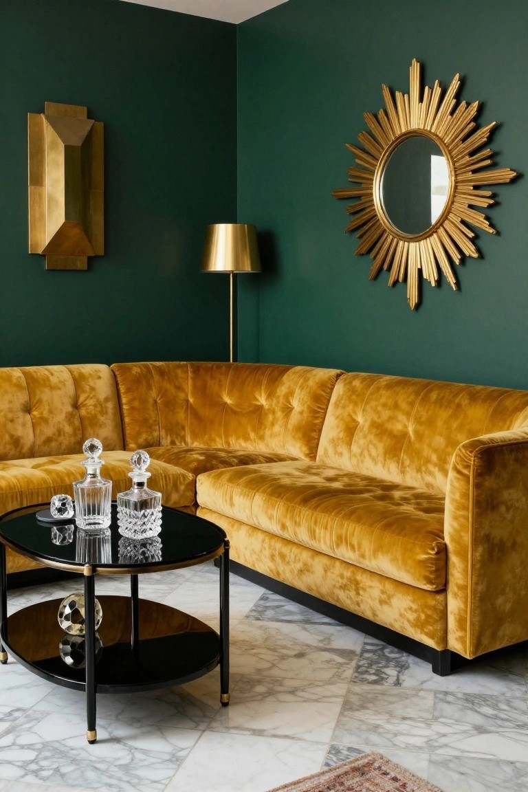 L-shaped mustard yellow velvet sofa in corner of deep green room with gold sunburst mirror on wall, brass floor lamp, black metal coffee table holding glass decanters, brass wall light, and marble floor with rug.