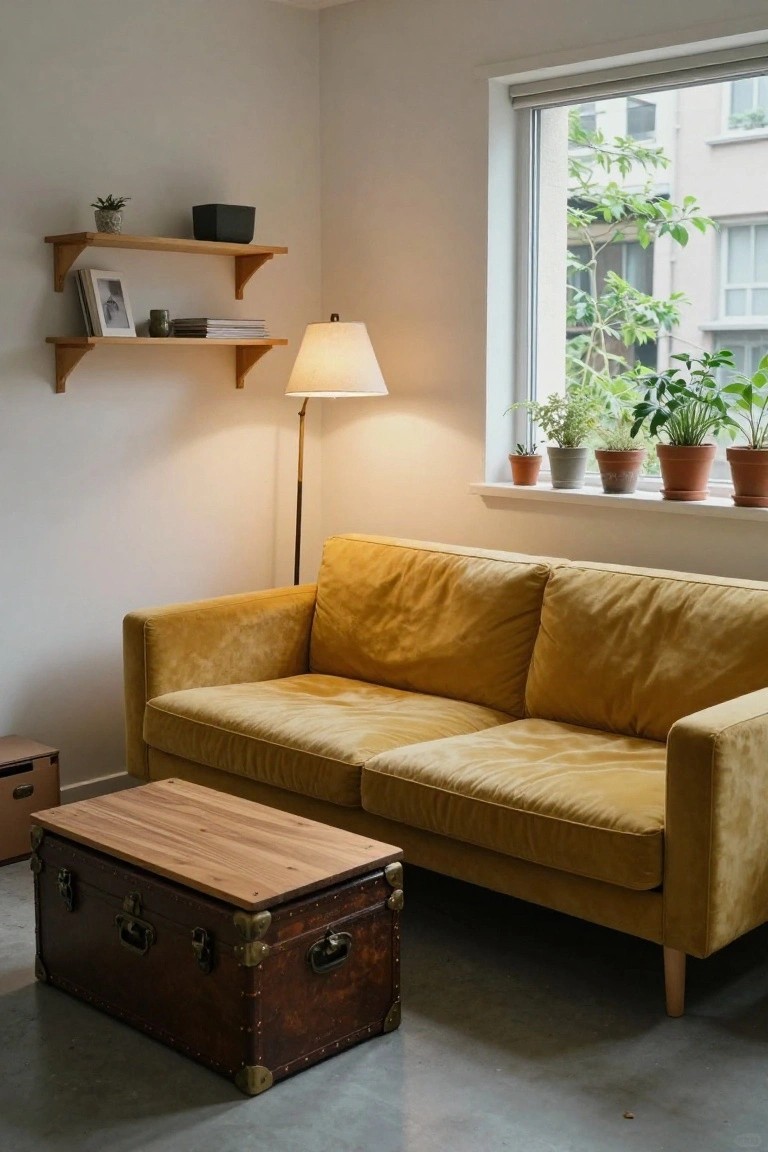A mustard yellow velvet three-seater sofa in a light gray living room with wooden wall shelves holding books and plants, a tall arched floor lamp, multiple potted plants on the windowsill, and a wooden-topped antique-style trunk as a low coffee table on a concrete floor.