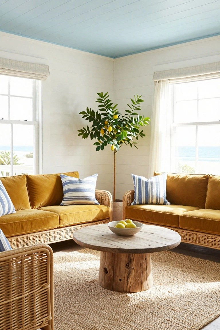 Coastal living room with mustard sofas, lemon tree, and round wooden coffee table.