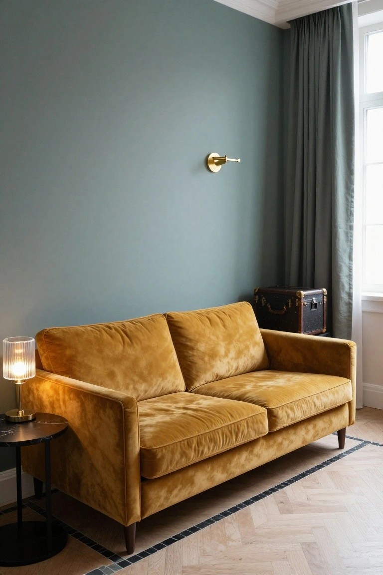 Mustard yellow velvet two-seater sofa in a teal-painted room with gold wall sconce, lit glass table lamp on black metal side table, vintage suitcase, teal curtains on window, and herringbone parquet flooring.