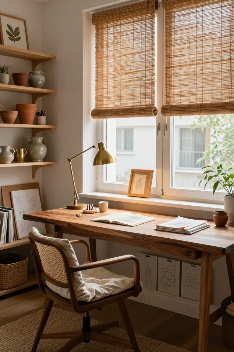 A sunlit home office corner featuring a wooden desk with open books, a rattan chair, bamboo blinds on a large window, wooden shelves holding pottery and plants.