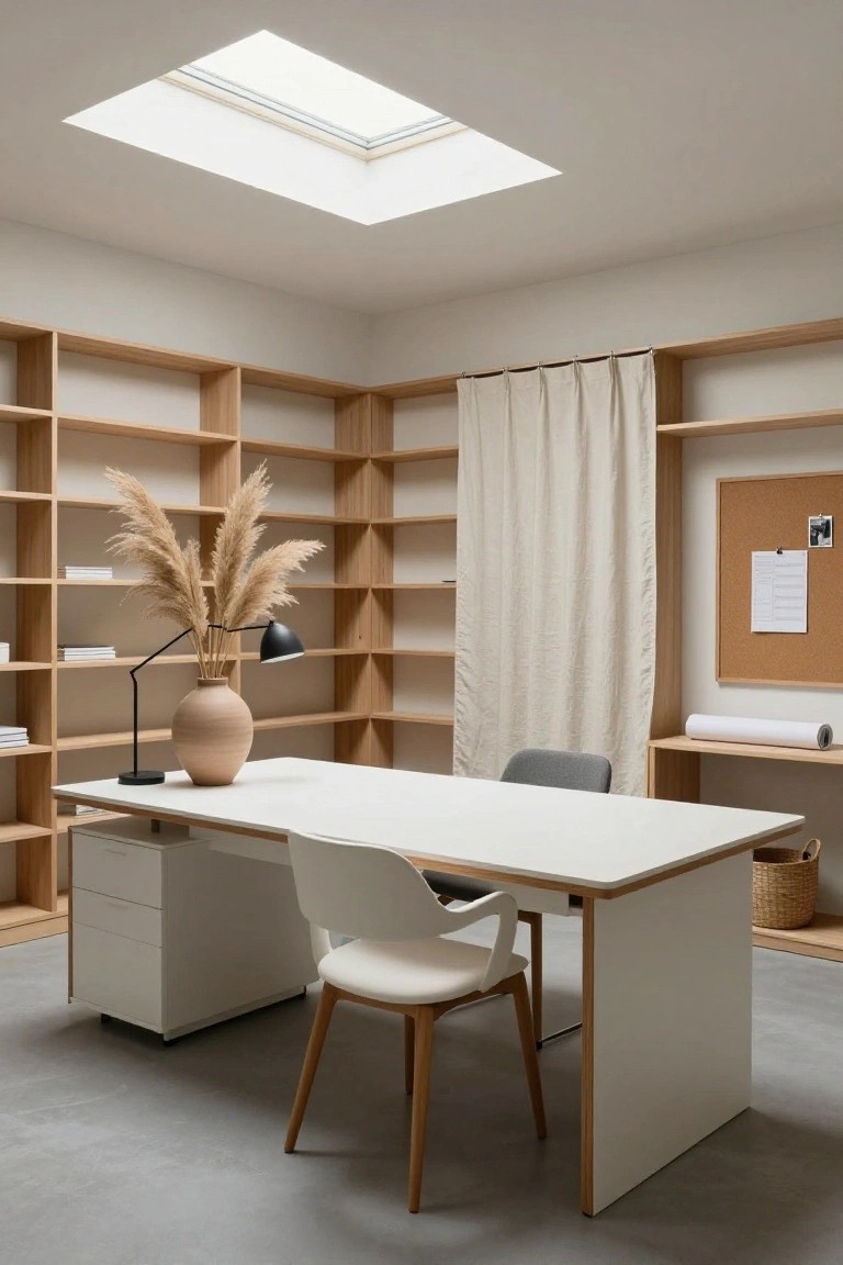 Corner home office with light wood built-in bookshelves on three walls, white desk with drawers, terracotta vase of pampas grass next to black desk lamp, white molded chair, beige linen curtain, corkboard, and skylight above.