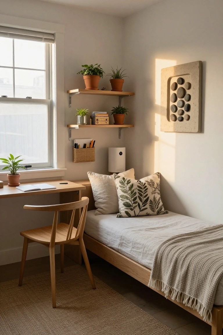 Small bedroom with wooden desk positioned next to low wooden bed, wooden chair, multiple potted plants on floating shelves and surfaces, open notebook on desk, window with blinds letting in light.