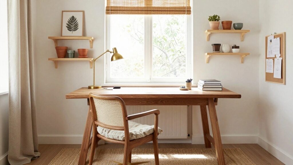 23 Nature-Inspired Office Ideas That Refresh Your Space A sunlit home office corner featuring a wooden desk with open books, a rattan chair, bamboo blinds on a large window, wooden shelves holding pottery and plants.
