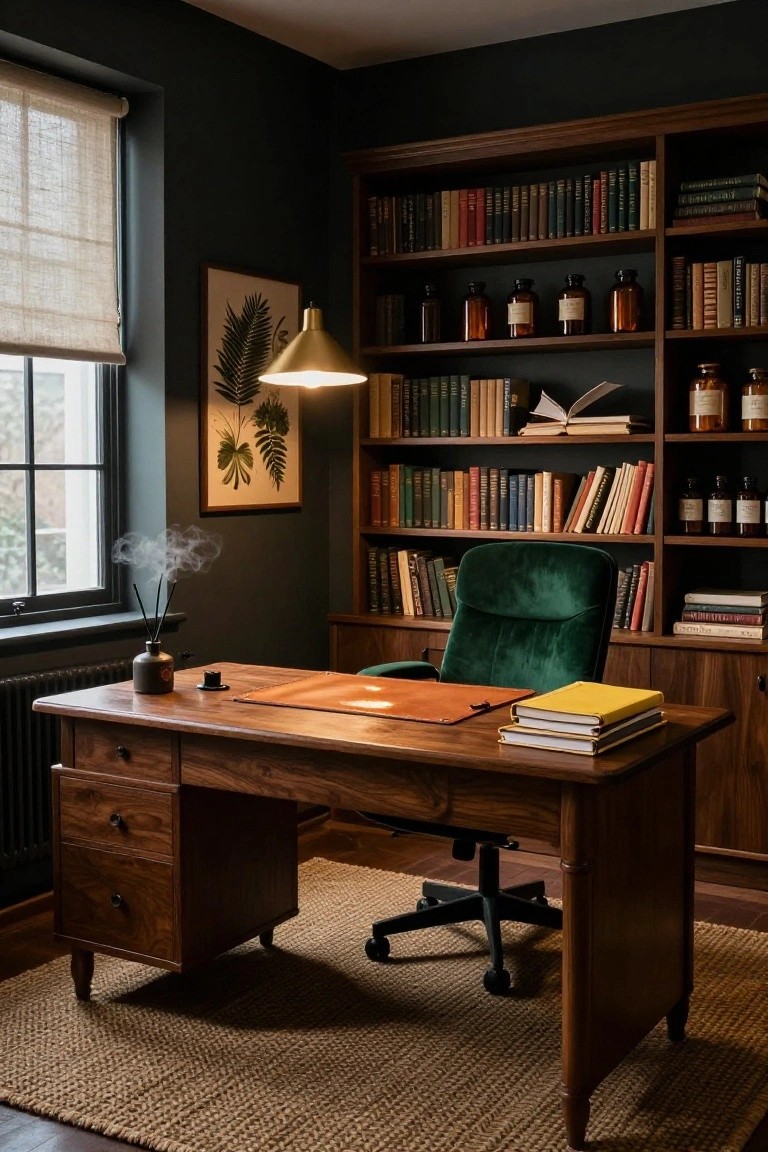 A cozy home office with dark teal walls, wooden built-in bookshelves stocked with books and glass jars, a walnut desk topped with books and a leather blotter, emerald green velvet armchair, arched gold lamp, botanical fern print, and smoking reed diffuser.