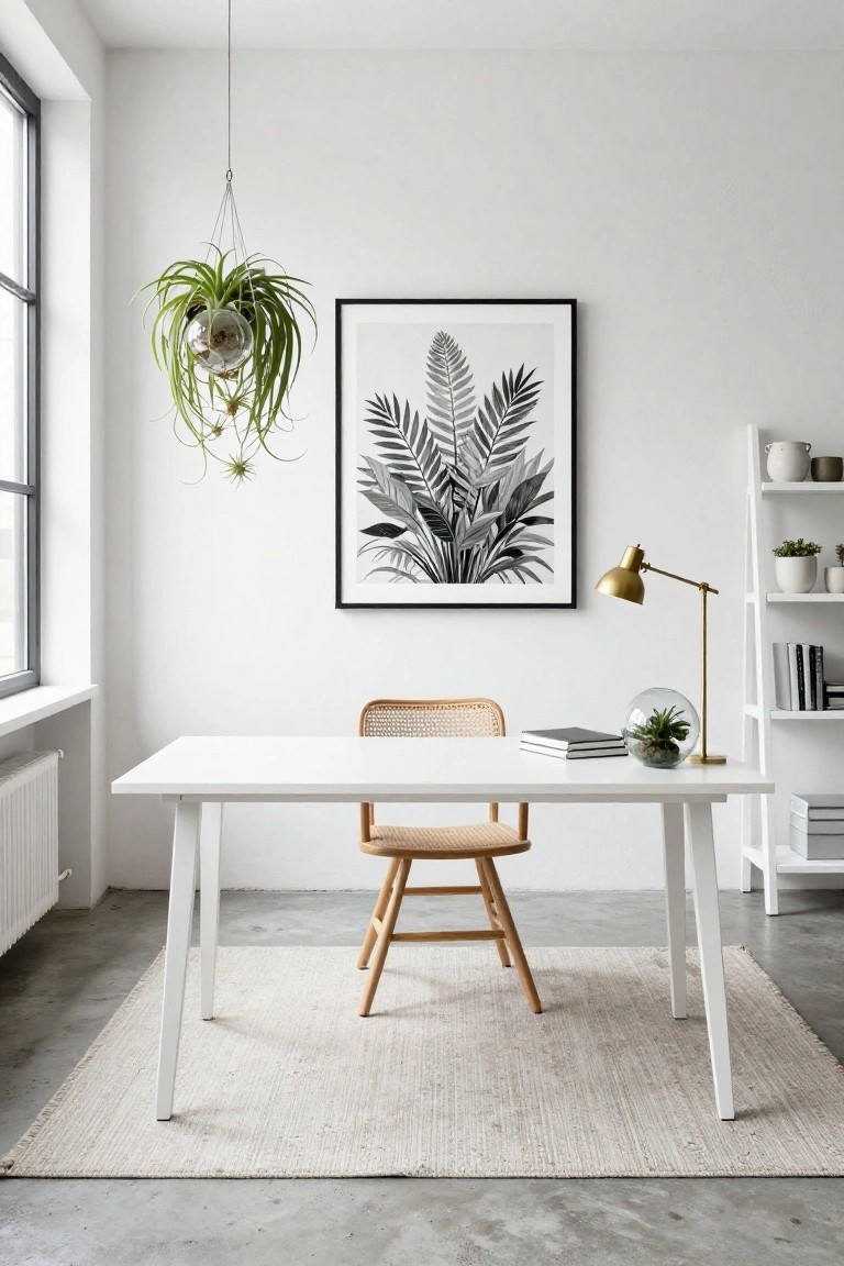 A minimalist white home office with a rattan chair at a white trestle desk, a hanging glass orb containing air plants from the ceiling, a large black-framed artwork of palm leaves on the wall, gold desk lamp, glass terrarium with succulent, and white shelves holding plants and books.