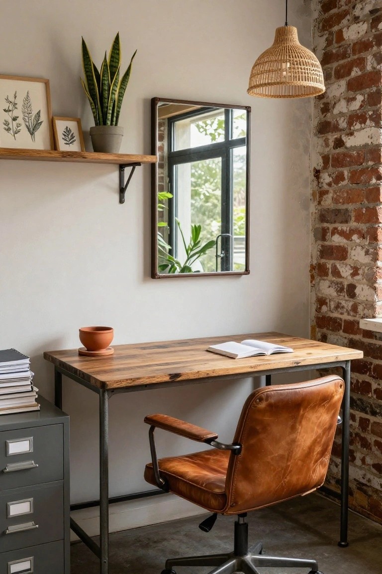 Home office with exposed brick wall, wooden desk on metal frame, brown leather swivel chair, gray filing cabinet, wooden floating shelf holding snake plant in gray pot and framed botanical prints, round terracotta bowl on desk, and rectangular mirror beside window.