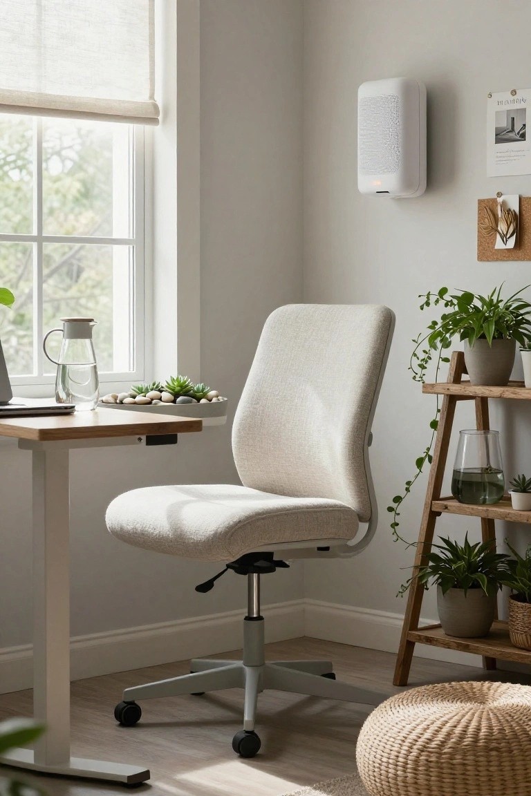 Home office corner featuring a beige office chair at a wooden standing desk, a tall wooden ladder shelf with multiple potted plants including trailing vines, a window with sheer blinds, and various green plants on surfaces.