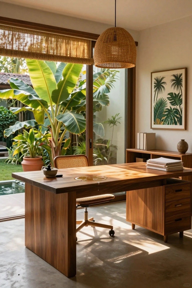 Wooden desk and office chair positioned in front of large sliding glass doors opening to a lush tropical garden with banana plants, potted greenery, and a pool.