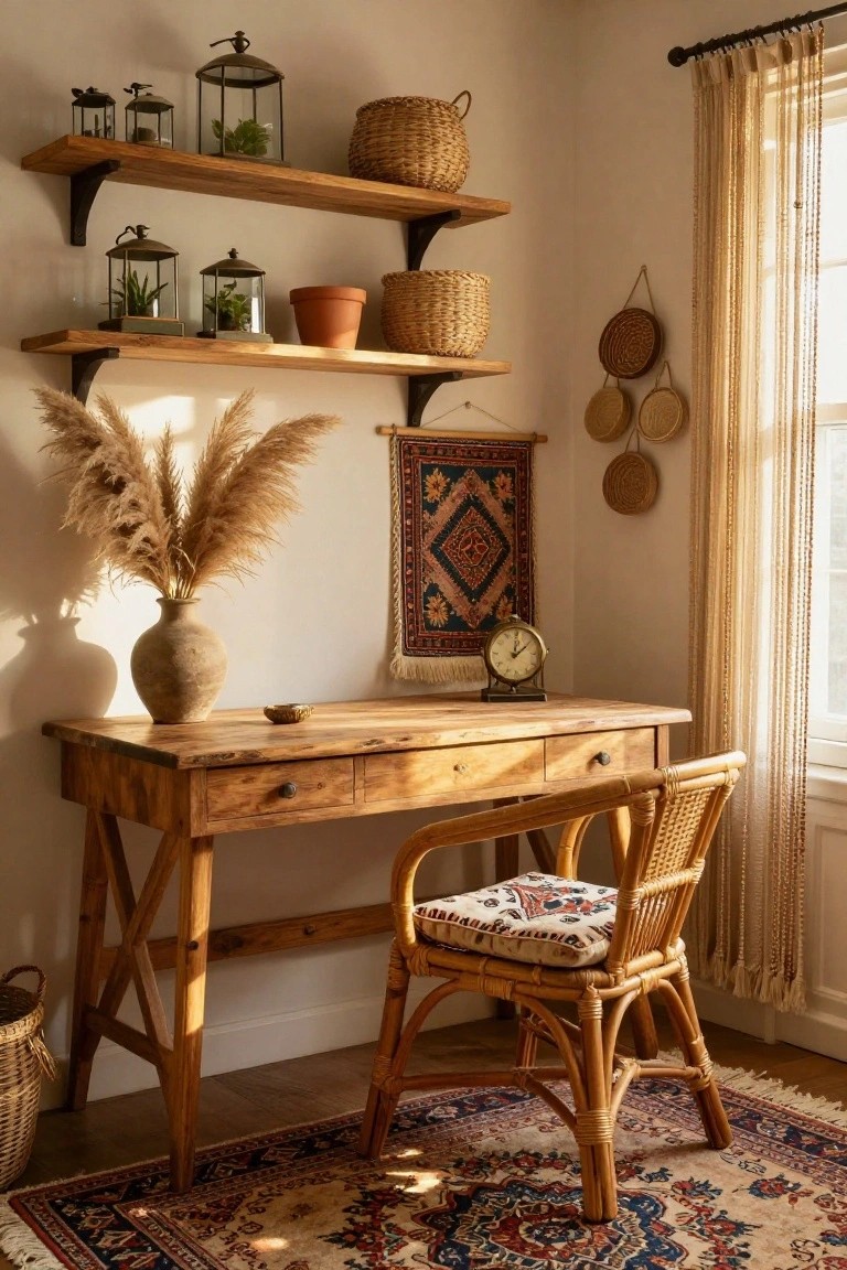 A sunlit home office corner featuring wooden floating shelves with glass terrariums, potted plants, lanterns, and baskets, a rustic wooden desk, rattan chair with patterned cushion, pampas grass in a terracotta vase, wall hanging, clock, and patterned rug on the floor.