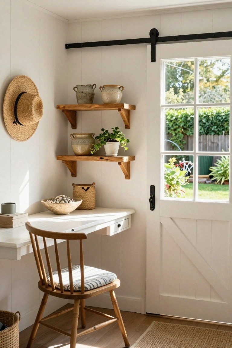 Cozy white corner nook with wooden shelves, desk, chair, and barn door.