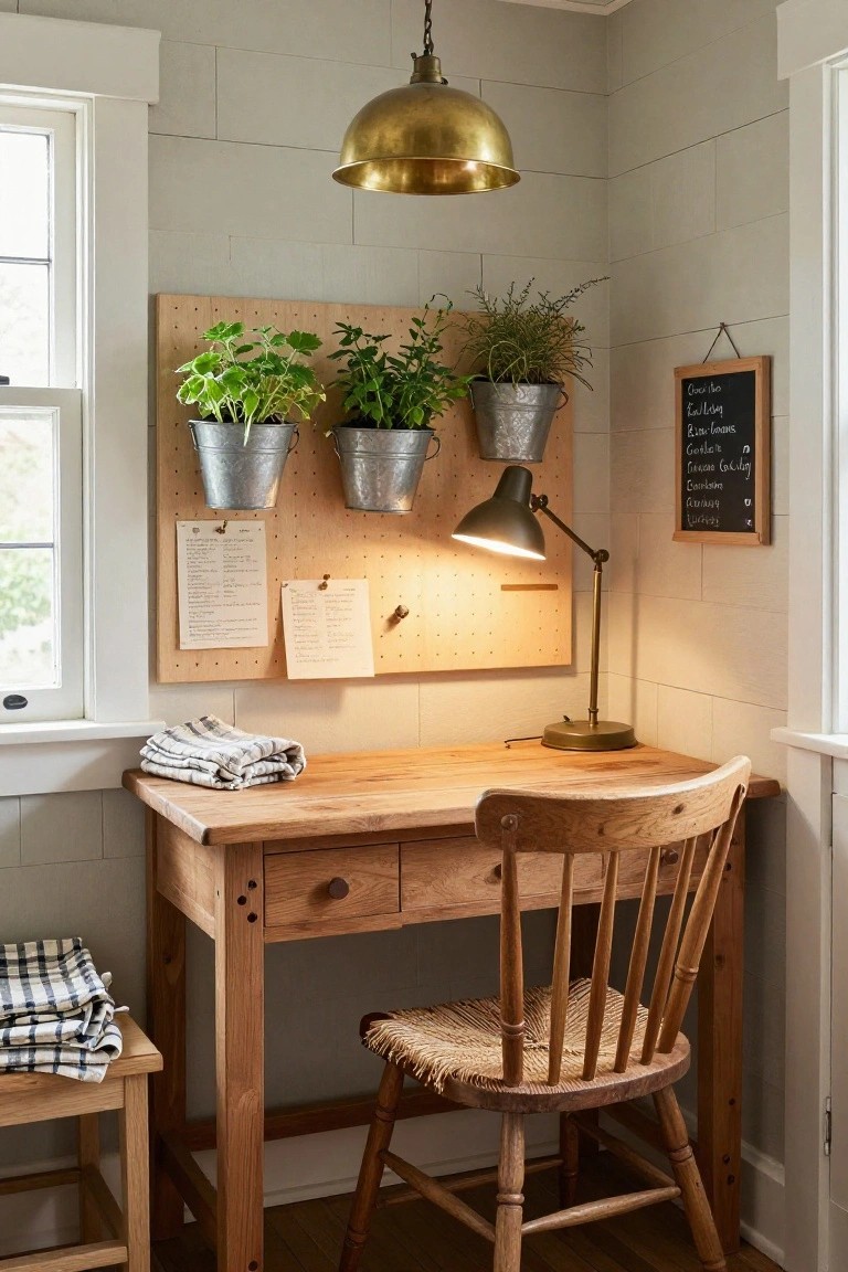 Corner indoor workspace with wooden desk, rattan chair on small stool, pegboard wall displaying hanging galvanized metal buckets of green plants, adjustable desk lamp, papers, and chalkboard.