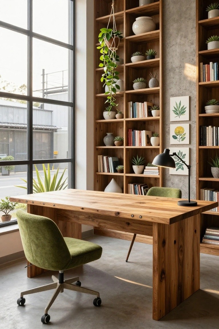 Home office interior featuring tall wooden bookshelves stocked with books and numerous potted plants, a large wooden desk with green upholstered chair, adjustable desk lamp, and large window with industrial view.