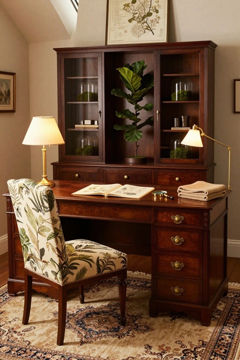 Wooden desk and open hutch office setup with fiddle leaf fig plant, moss in glass domes, botanical book on desk, green floral chair, lamps, and patterned rug in a light-filled room.