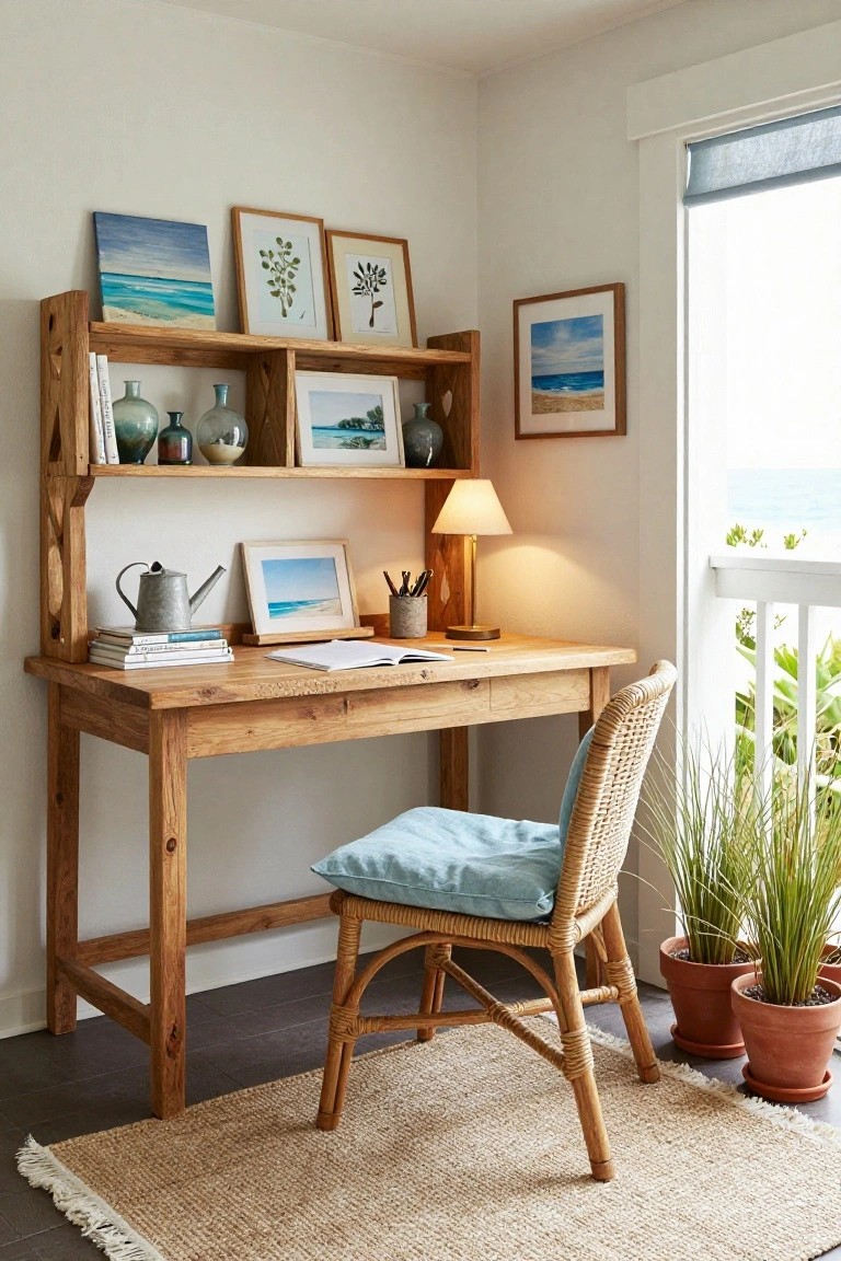 Wooden desk with integrated open shelves holding books, vases, plants, and framed artwork, paired with a rattan chair in a white room overlooking the ocean.