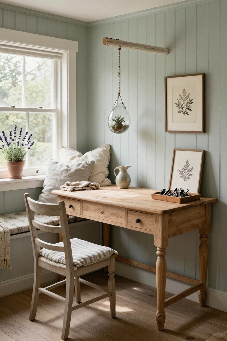 Rustic wooden desk with chair by window in sage green room.