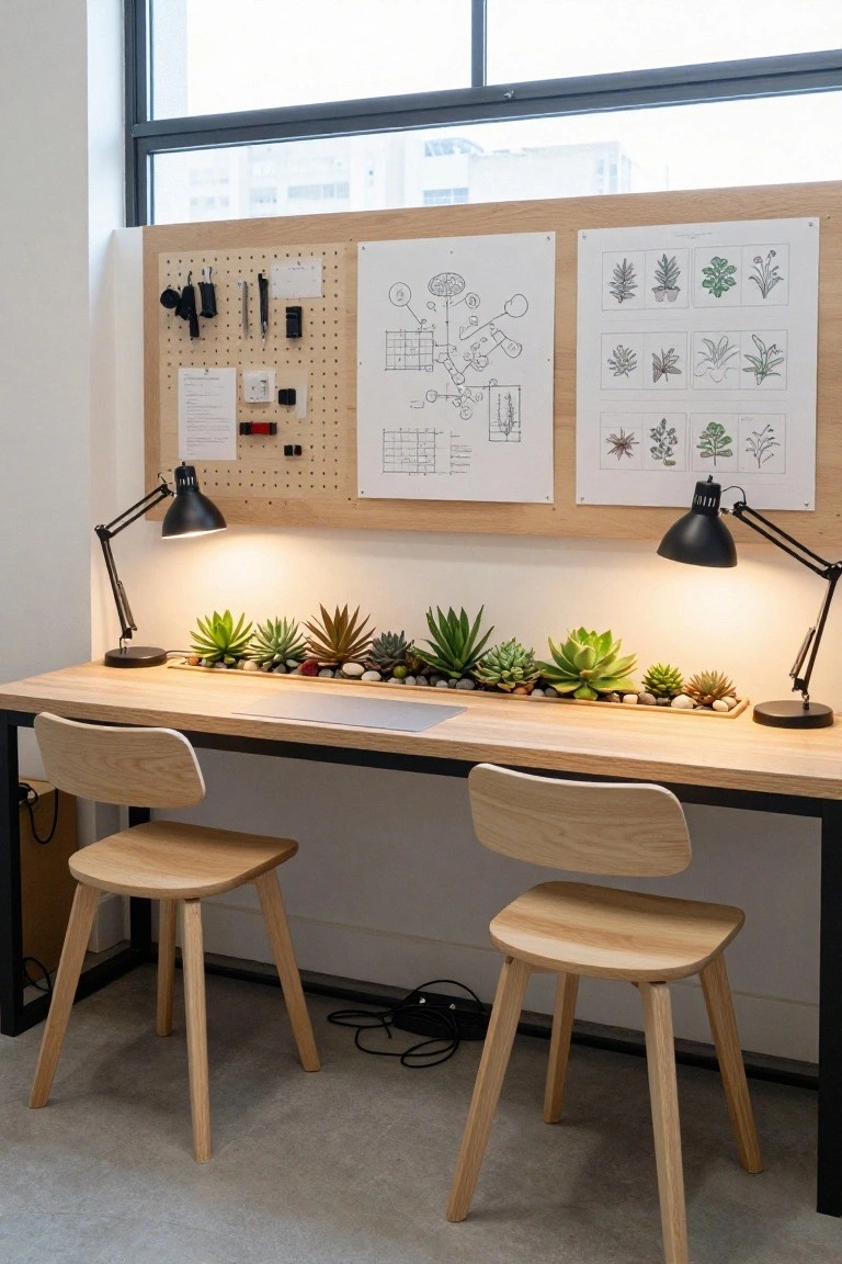 Wooden desk with two matching chairs, topped by a long trough of assorted succulents and pebbles, flanked by two black desk lamps, against a light wooden pegboard wall displaying sketches and plant drawings, in a bright indoor office.