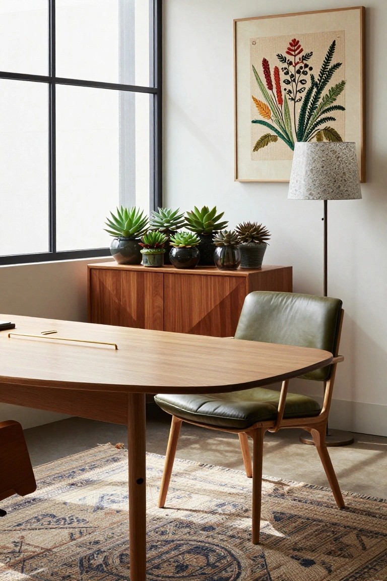 Office interior featuring a low wooden credenza topped with multiple potted succulents in various ceramic pots, beside a light wood desk with green leather armchair, large window, floor lamp, and framed botanical embroidery on the wall.