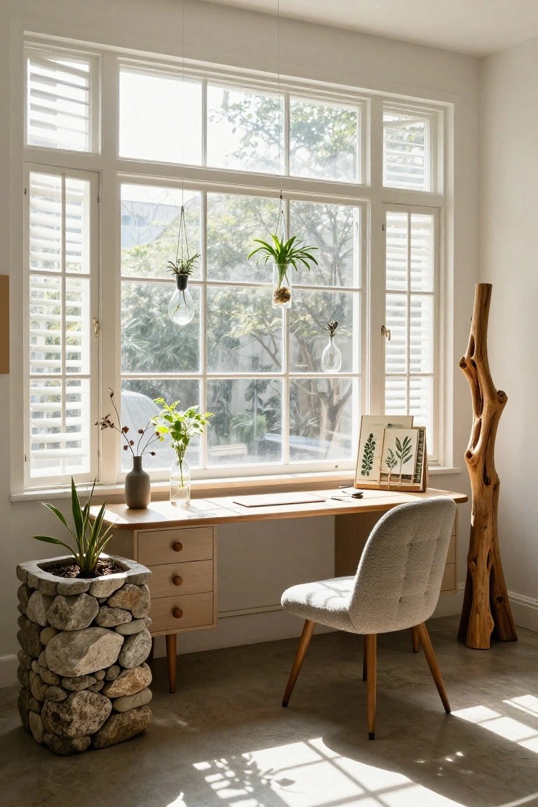 Home office interior with a light wood desk and tufted gray chair positioned by a large multi-pane window, featuring hanging plants in glass containers, potted plants on stone base and desk, wooden branch sculpture, and botanical prints on a shelf.
