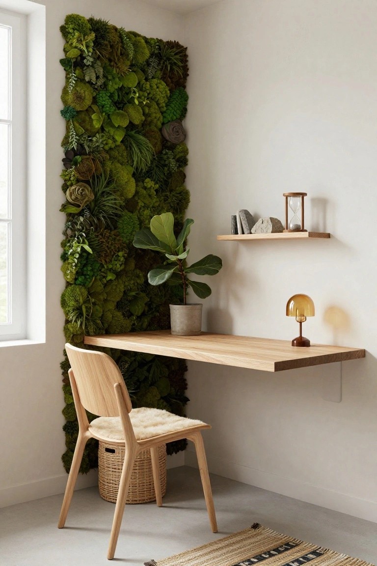 Corner home office with floor-to-ceiling green moss wall next to window, floating wooden desk, wooden chair with sheepskin cushion and basket, potted plant, amber lamp on desk, wooden shelf with books rocks and hourglass above.