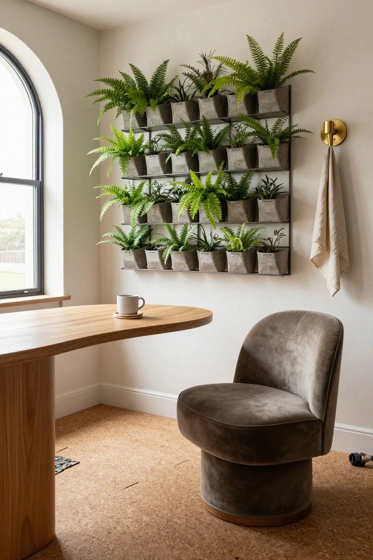 Home office corner with curved oak desk holding white mug on saucer, gray velvet pedestal chair, cork floor, white walls, brass wall light with hanging towel, and tall arched window next to vertical grid of potted ferns in gray metal containers.