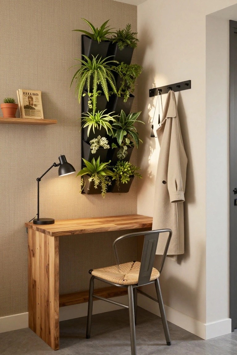 Home office corner with wooden desk, adjustable black desk lamp, metal chair with rattan seat, black vertical wall-mounted planters filled with various green houseplants, coat rack holding a beige coat, small wooden shelf with book and potted succulent, against beige textured walls.