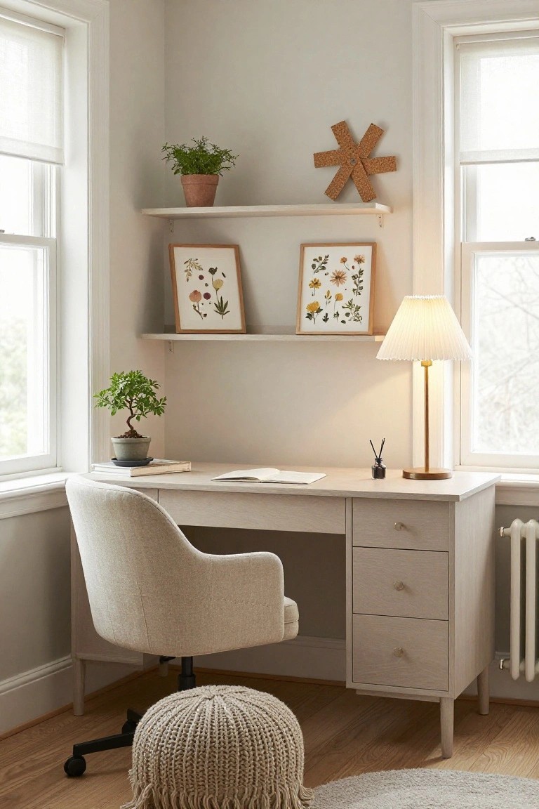 Corner home office featuring a light wood desk with open notebook, cream upholstered swivel chair, wall shelves holding potted plants and framed pressed flower artwork, a table lamp, and windows with blinds.