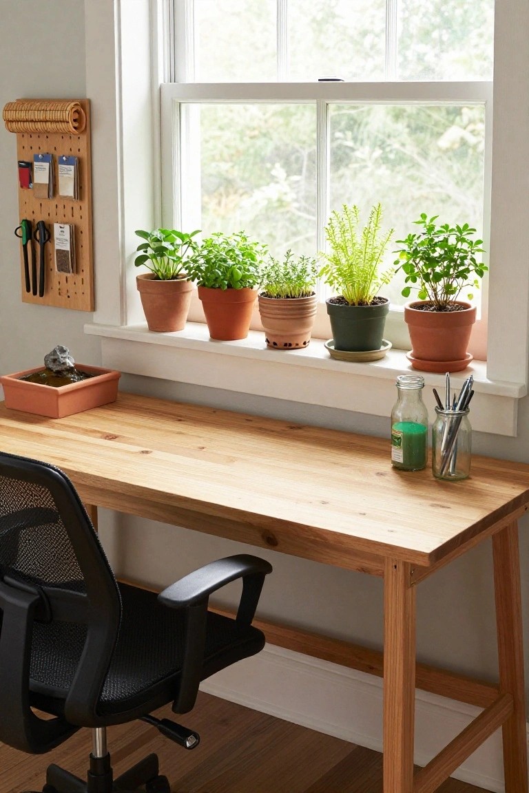 Home office with a wooden desk, black mesh office chair, windowsill lined with terracotta pots of various herbs and plants, wall-mounted pegboard organizer, and small fountain on the desk.