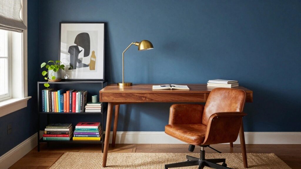 Home office with navy blue walls, wooden desk holding stacked books and open notebook, brown leather desk chair on wheels, gold desk lamp, potted trailing plant, abstract artworks on black shelf, and window with linen shade.