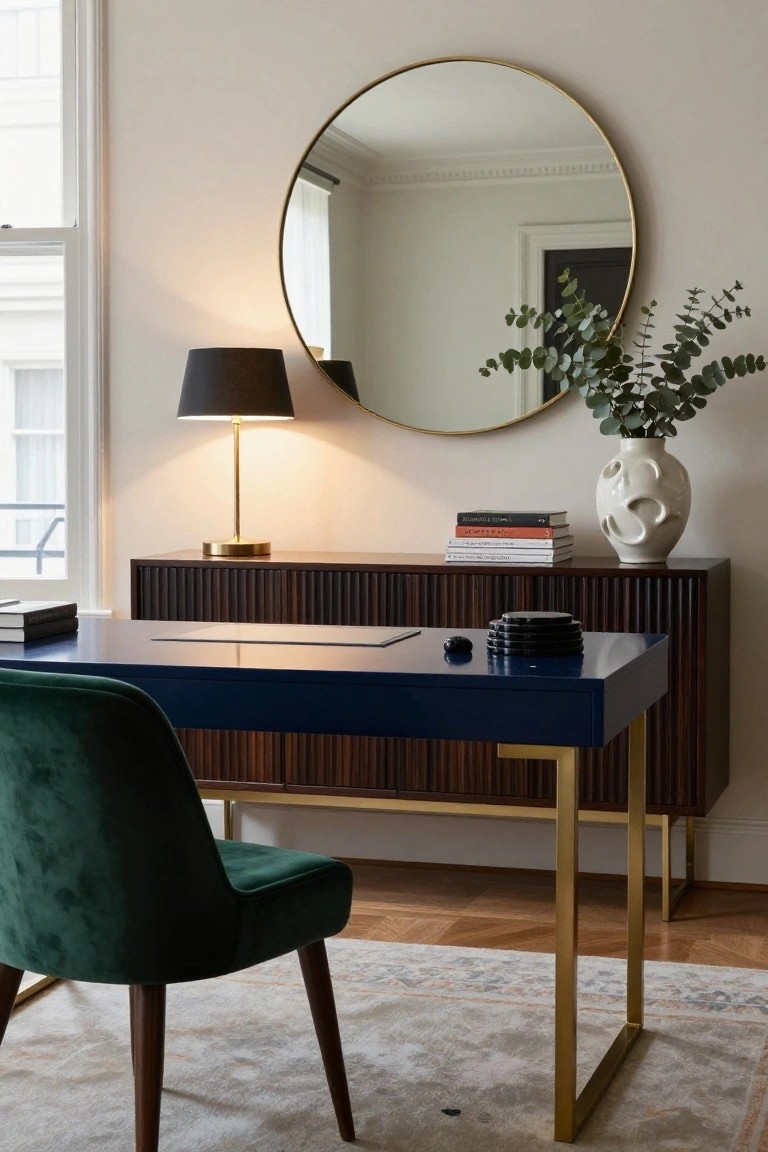 Home office interior with navy blue desk on gold legs and fluted wood cabinets, green velvet chair, black shade lamp, large round gold mirror with eucalyptus branches, white textured vase, and books on parquet wood floor.