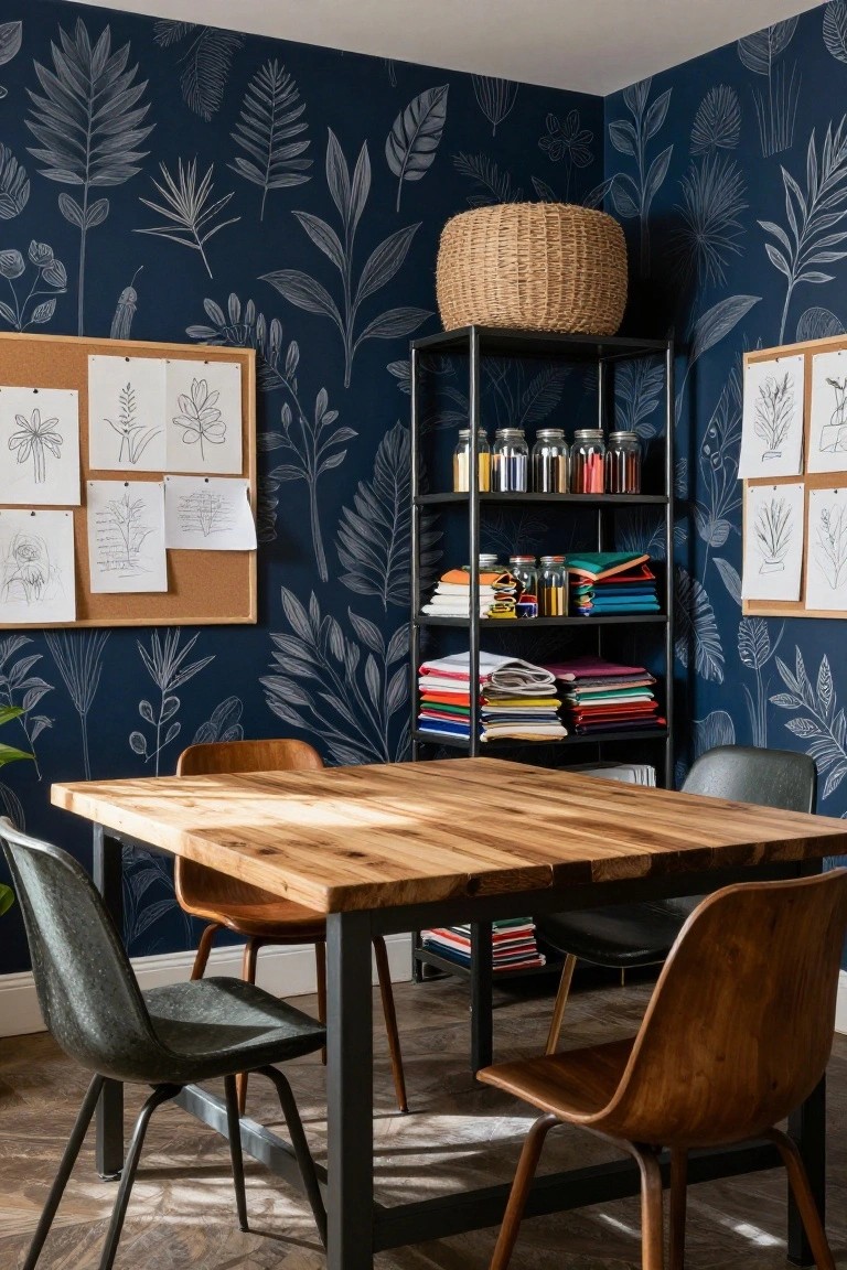 Home office corner with navy blue walls patterned in white botanical leaves and ferns, a rustic wood dining table with mixed metal and wood chairs, black metal shelving holding jars, fabrics, and supplies, corkboards pinned with sketches, and a wicker basket on top shelf.
