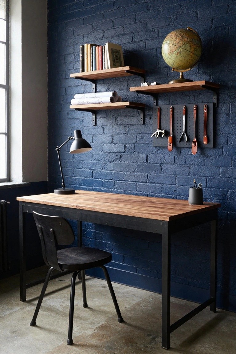 A home office with navy blue brick walls, floating wooden shelves holding books and a globe, a wooden desk on black metal legs, black metal chair, adjustable desk lamp, and black pegboard with utensils.