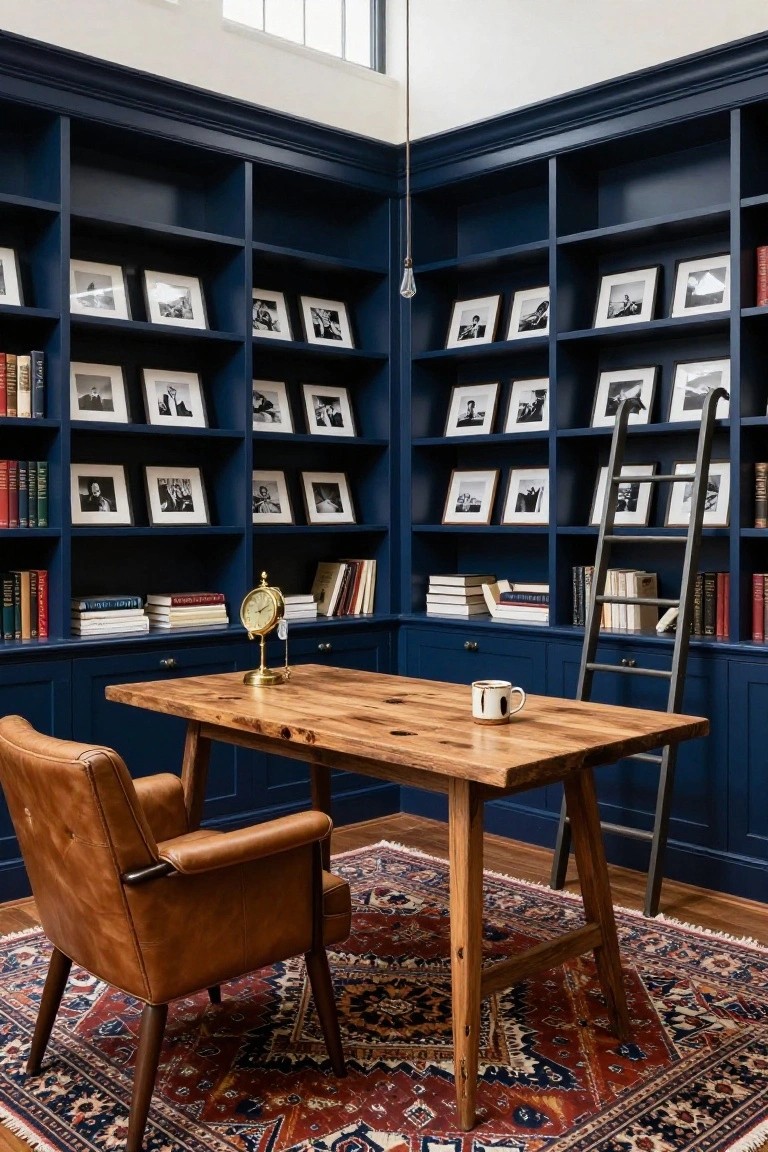 Corner home office with navy blue floor-to-ceiling built-in bookshelves filled with books and black-and-white framed photos, wooden desk topped with brass clock and mug, tan leather armchair, black metal sliding ladder, and Persian rug on wood floor.