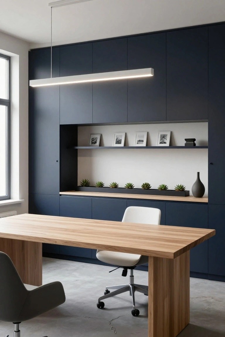 Home office interior with floor-to-ceiling navy blue cabinets featuring an open shelving niche with plants, photos, and vase, light oak desk, white swivel chair, gray upholstered guest chair, concrete floor, and window.
