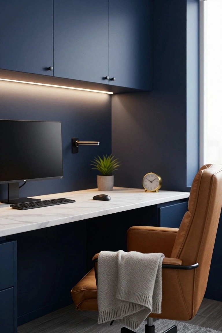 Home office with navy blue upper and lower cabinets, white marble desk holding a black monitor, keyboard, mouse, potted plant, and gold clock, tan leather chair with gray throw, desk lamp, and window.