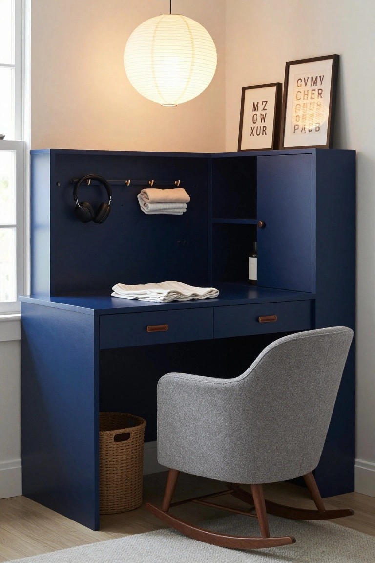 Navy blue L-shaped corner desk with built-in shelves, hooks holding headphones and towels, drawers, a gray upholstered rocking chair, wicker trash bin, and two black-framed abstract letter art pieces on a light wall under a paper lantern light.
