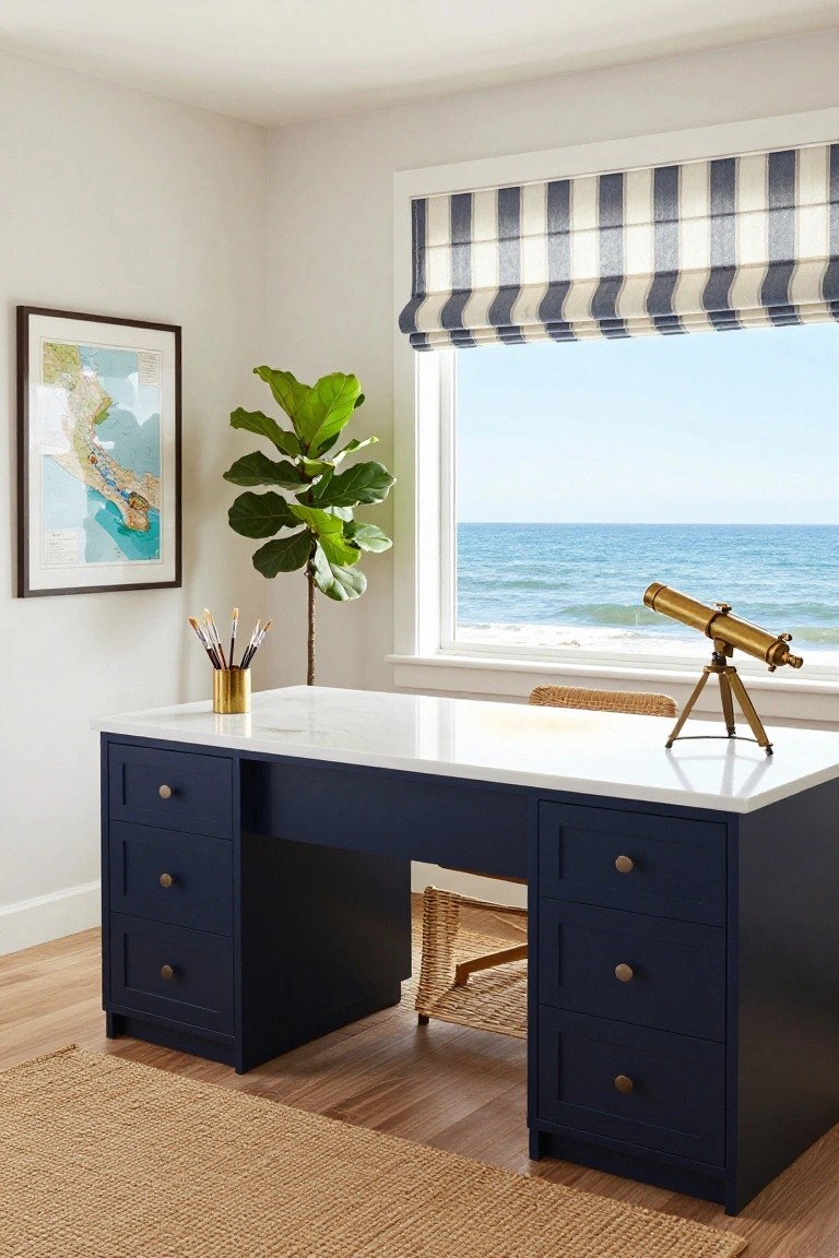 A navy blue wooden desk with white quartz countertop and multiple drawers sits in a white-walled office corner, facing a large window with blue and white striped roman shade overlooking the ocean, with a brass telescope on the desk, potted fiddle leaf fig plant, map on wall, and rattan chair nearby.