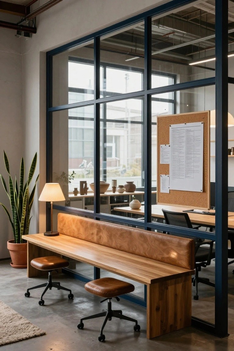 Modern office nook enclosed by tall navy blue metal-framed glass panels, with a long wooden bench, two leather stools, a table lamp, potted snake plant, and corkboard on a bulletin board.