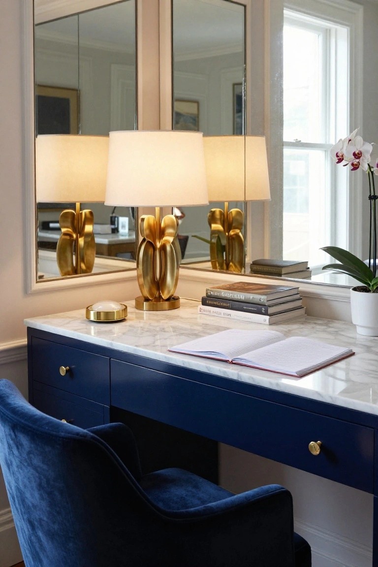 Home office vanity with navy blue lacquered drawers and white marble top, gold sculptural lamps, open notebook and stacked books on surface, blue velvet armchair, large mirrors, and potted orchid near window.