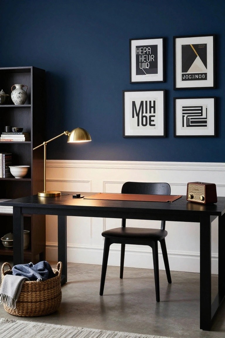 Home office with navy blue wall displaying four black-framed art prints, black bookshelf with ceramics and books, black desk with leather blotter and gold desk lamp, black chair, retro radio, and woven basket on concrete floor.