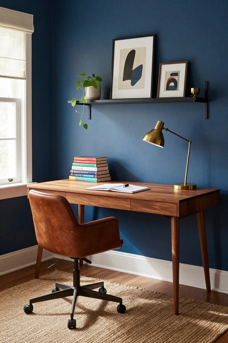 Home office with navy blue walls, wooden desk holding stacked books and open notebook, brown leather desk chair on wheels, gold desk lamp, potted trailing plant, abstract artworks on black shelf, and window with linen shade.