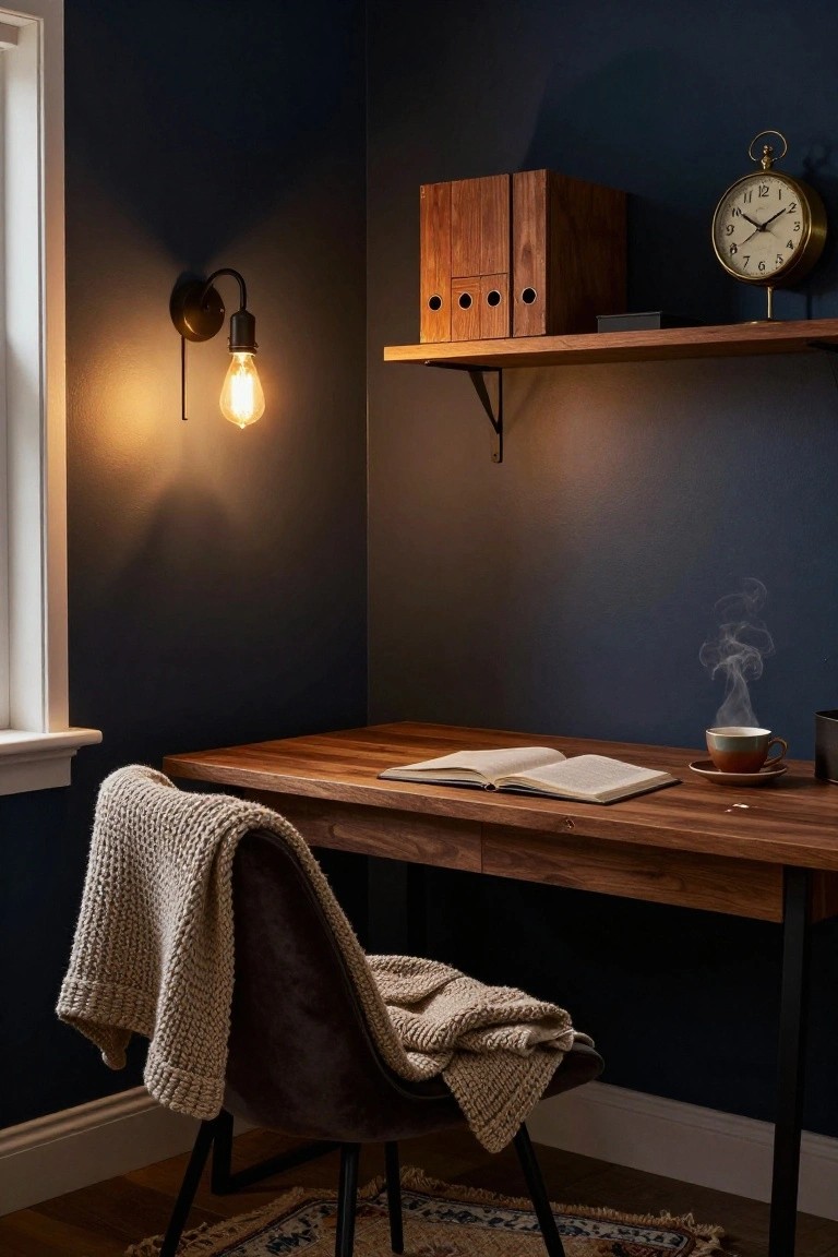 Corner of a home office with dark navy blue walls, wooden desk holding an open book and white mug with saucer, brown velour chair draped with beige knit throw, wooden shelves with binders above, lit wall lamp, and gold clock on shelf.