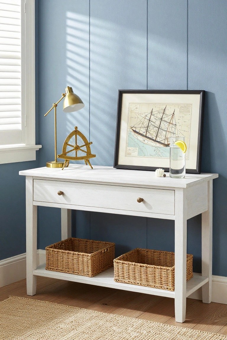 White wooden console table with one drawer and two wicker baskets on lower shelves against navy blue vertical plank walls, topped with gold desk lamp, ship's wheel, framed nautical ship print, and glass of water with lemon slice.