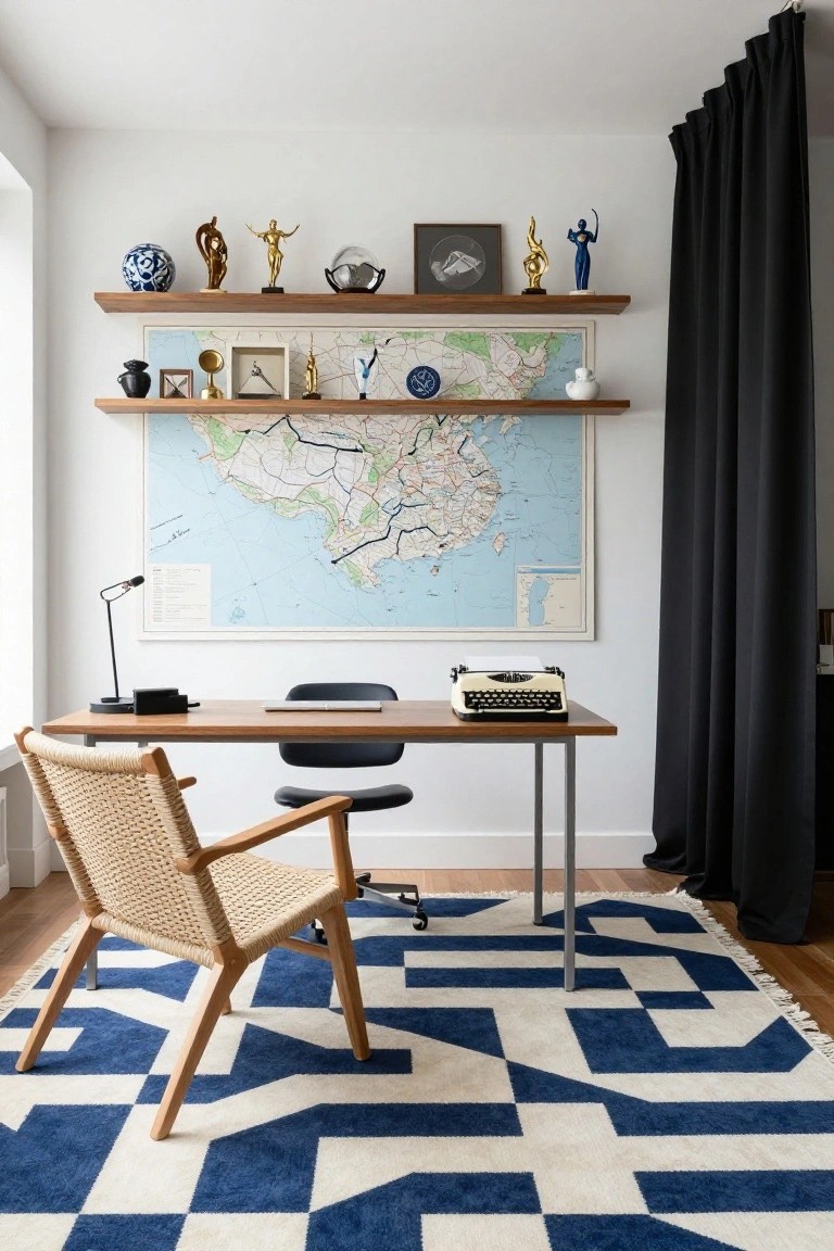 Home office featuring a wooden desk with vintage typewriter, rattan armchair, navy blue geometric rug, floating wooden shelves with ceramic and trophy figurines, large framed map on wall, and black floor-length curtain.