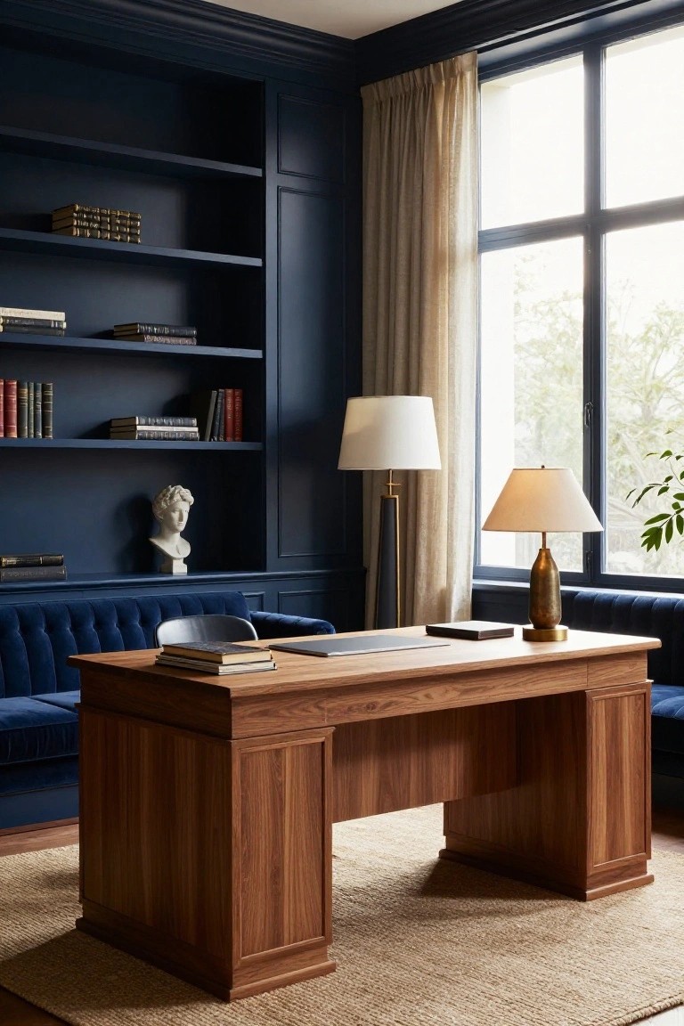 Home office with dark navy blue paneled walls and built-in bookshelves, large wooden desk, blue velvet sofa with chrome chair, two table lamps, floor lamp, and large window with sheer curtains.